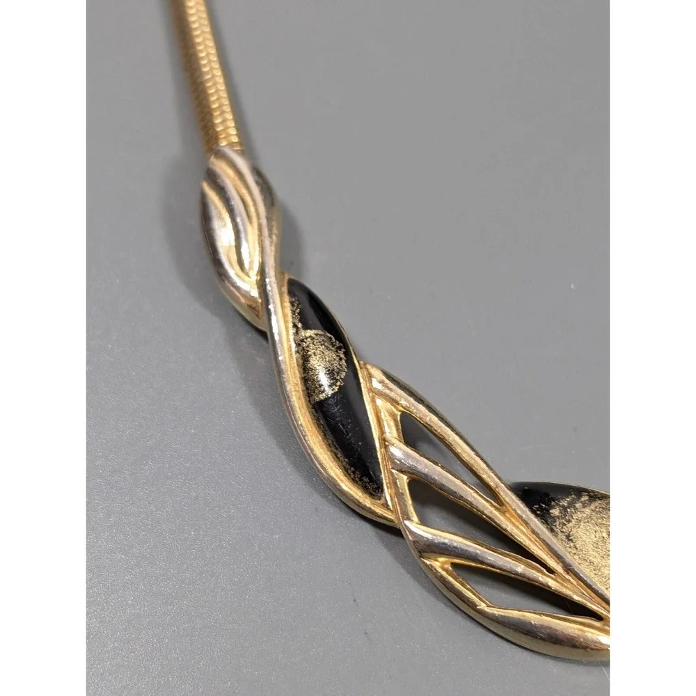 Vintage Gold Tone Omega Chain Necklace Black Enamel V Bar Statement 16" - Picture 5 of 11